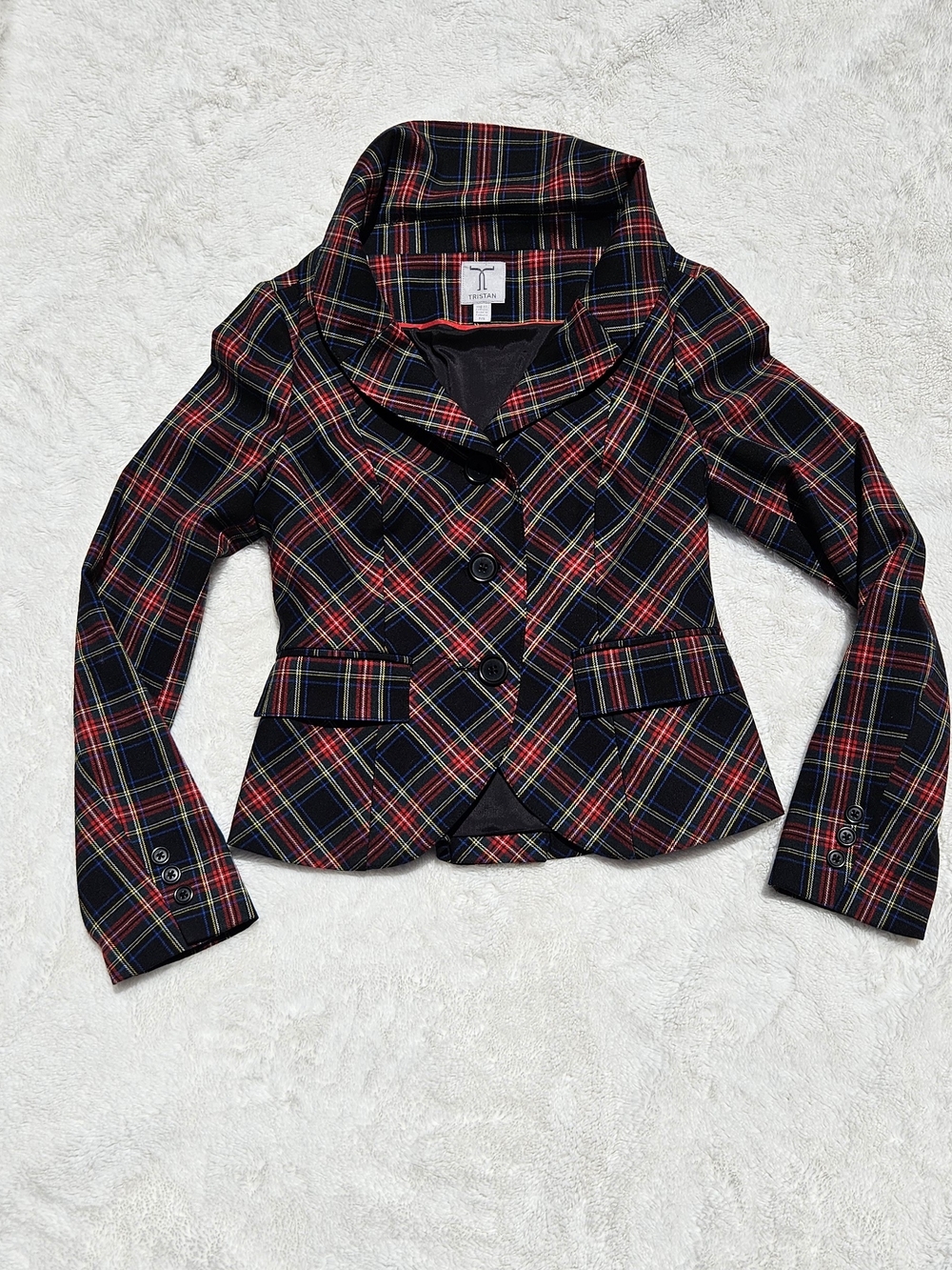 Tristan Black Jacket with Red and Blue Tartan Trim